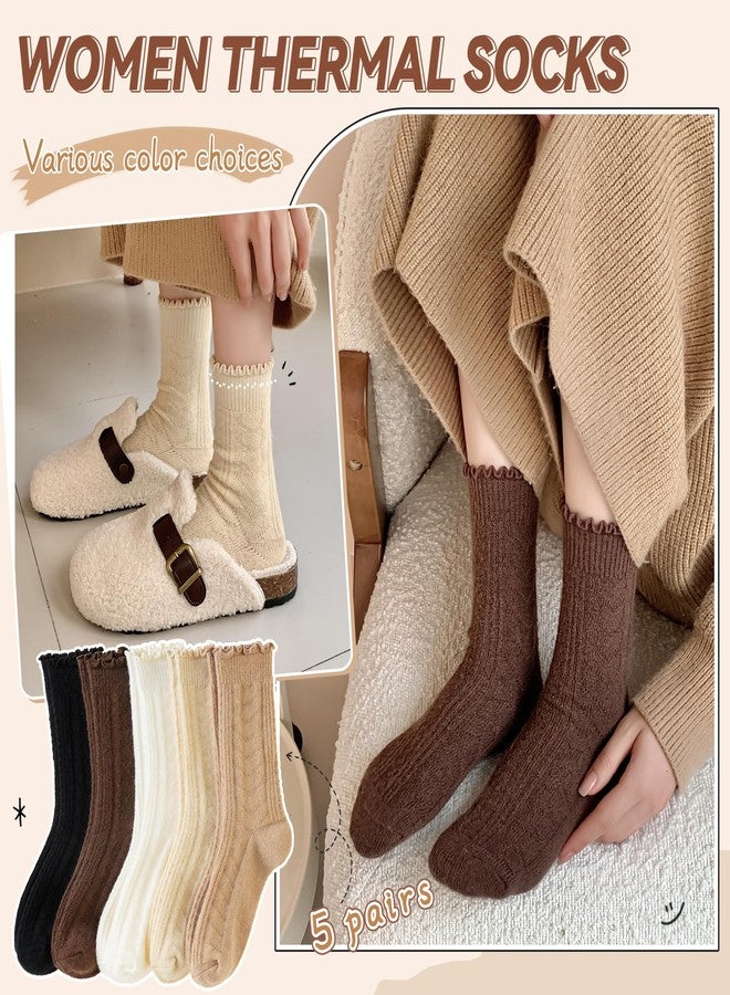 Eyean Womens Merino Wool Ruffle Socks Knit Warm Boot Winter Cozy Thermal Hiking Dress Crew Frilly Socks 5 Pairs (Beige White Khaki) - Image 2